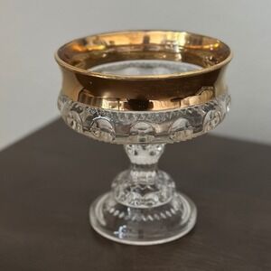 VTG Indiana Glass Kings Crown Thumbprint Pedestal Compote Candy Dish Gold Rimmed